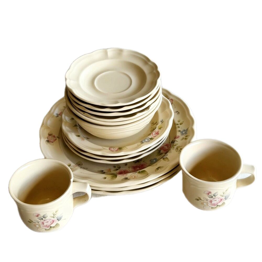 Vintage Pfaltzgraff Tea Rose Dinnerware Set Plates Cups Saucers Bowls 14pc